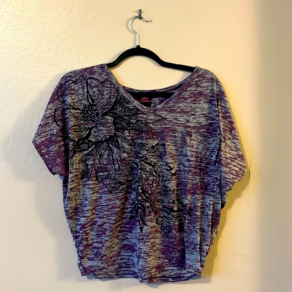 2b bebe Dolman Sleeve Purple Gray Tie Dye Unique Back Cut Floral Graphic Top S